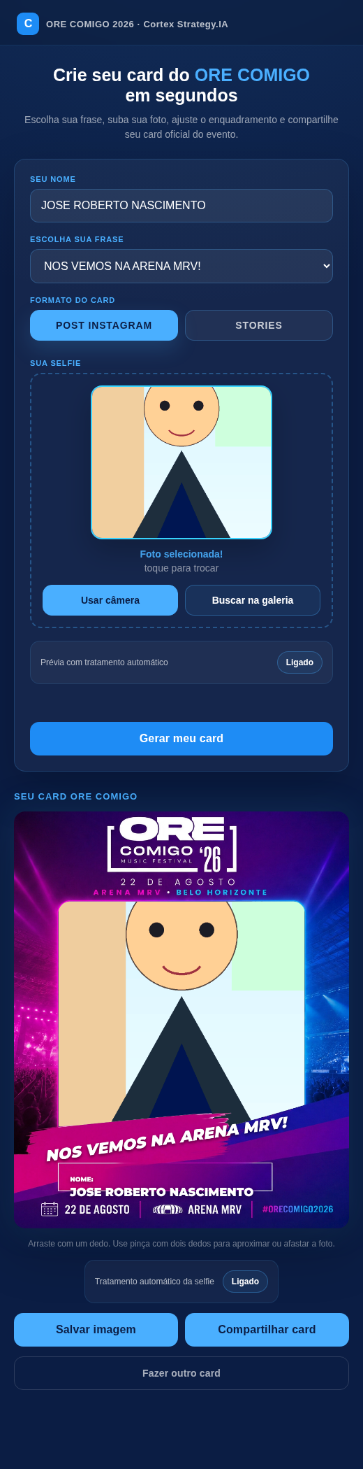 Demonstração do app Ore Comigo 2026 — card para feed do Instagram com a foto e nome do participante