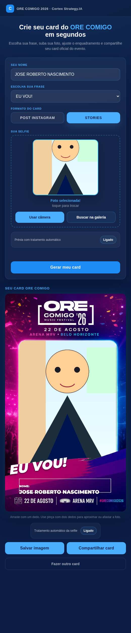 Demonstração do app Ore Comigo 2026 — card vertical para stories do Instagram com a foto e nome do participante